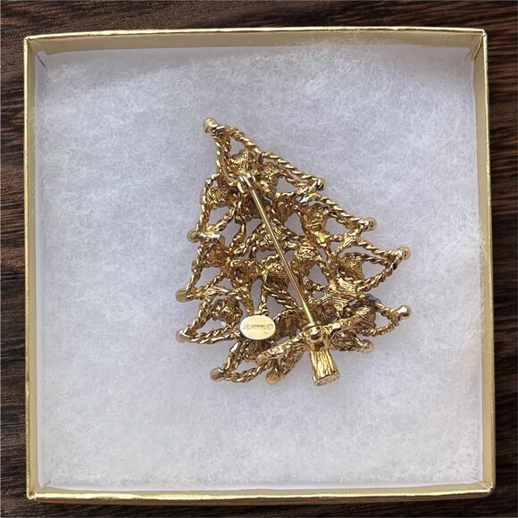 Vintage Christmas Tree Brooch Pin Jeanne Signed Gold Rope Rhinestone MCM 50s - Picture 2 of 8